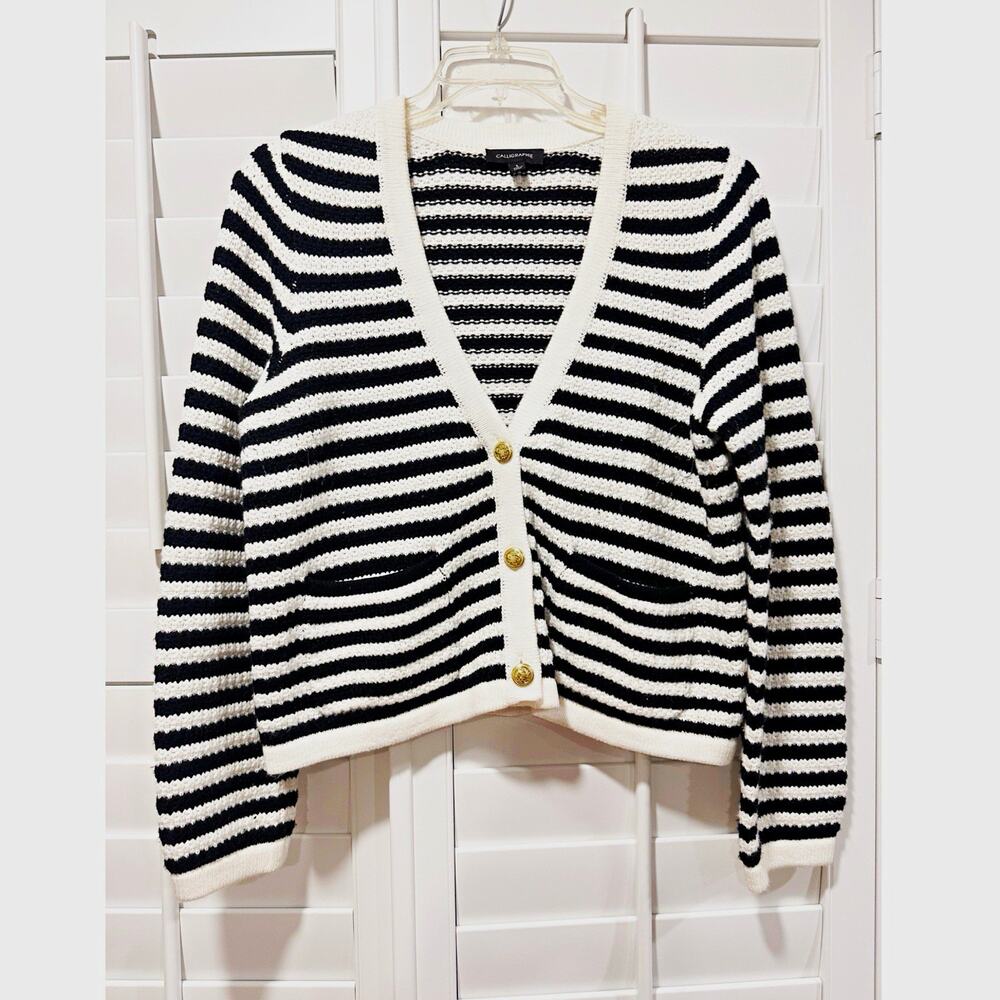 Calligraphie Black White Striped Knit V-Neck Button Cardigan Sweater Size L